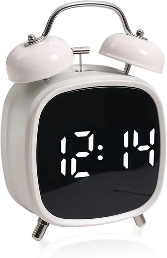 Alarm clock with double bell - Loud and creative alarm clock - Adjustable brightness in three levels - Small battery-operated digital alarm clock - Suitable for living room, bedroom, and study (white)