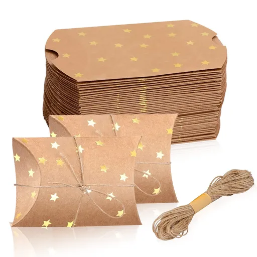 100 Pieces Small Gift Pillow Boxes Pillow Boxes for Gifts Kraft New Year Gift Box Christmas Pillow Boxes Pillow Gift Boxes with Jute