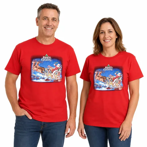 100% Cotton Adult Christmas T Shirt Xmas Top Santa Red White Party Costume - Red