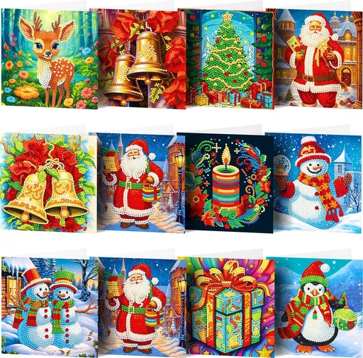 12 Pack Christmas Diamond Painting Cards Kit With Round Drills And Envelopes, Complete DIY Craft Set For Holiday Greetings, 15 x 15 cm