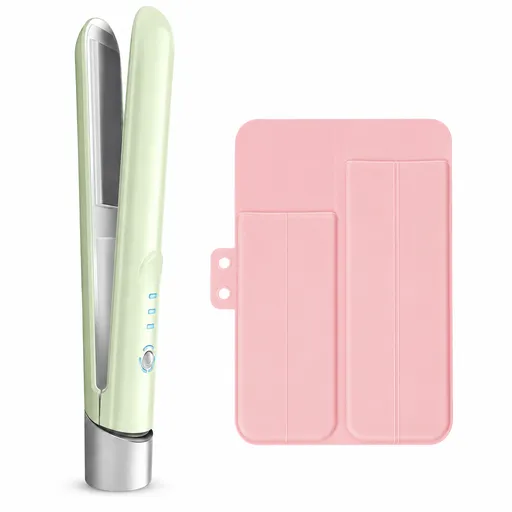 Green Cordless Mini Hair Straightener and Pink Curler and Heat Resistant Silicone Storage Mat - 3 Temperature Settings, Travel Friendly, Alloy Heating Plates, Portable Styling Kit,Suitable as a gift