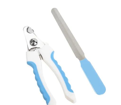Pet Nail Clippers and File Set Stainless Steel Claw Trimmer with Safety Guard Non-Slip Handle for Small Dogs Cats White and Blue