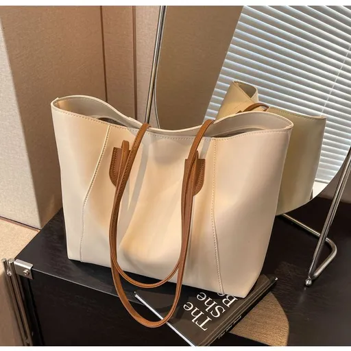 Large Capacity Commuter Tote Bag for Women, PU Color-Block Handbag & Shoulder Bag(creamy white)