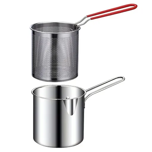 Stainless Steel Mini Deep Fryer,Compact Oil Saving Frying Pot with Strainer Basket for Home Cooking,Silver 6.3x4.7in