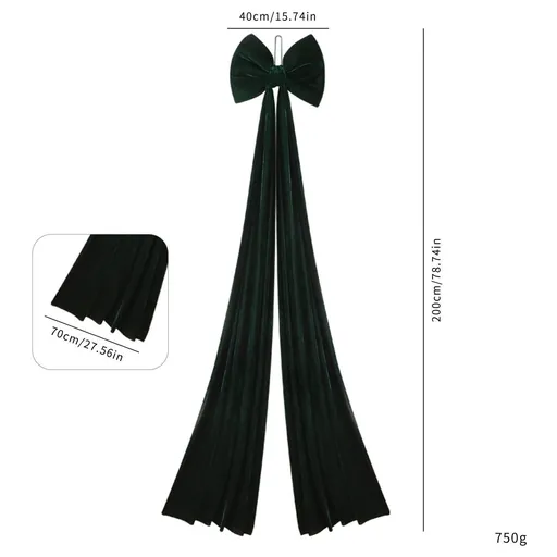 Christmas Tree Top Large Plush Bow Ornament, Hanging Decorative Bow For Holiday Scene Setting, Dark Green Velvet 40x200cm