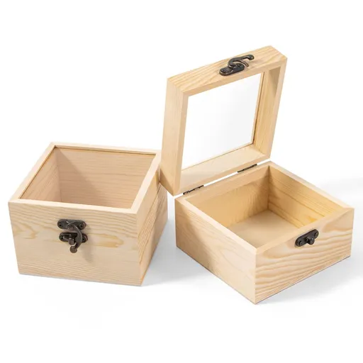 2Pcs Small Wooden Box with Hinged Lid, 4.7'' x 4.7'' x 3.1'' Unfinished Wood Box with Glass Lid, Small Wooden Jewelry Box for Gift
