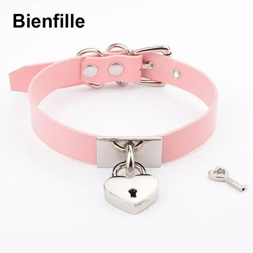 House Of Dasein Leather Collar Locket Love Heart Harajuku Bdsm Sub Slave Punk Choker - Pink With Silver