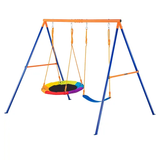 Swing Sets for Backyard, 440lbs Load Capacity Swing Set, with 1 Saucer Swing Seat, 1 Belt Swing Seat, Heavy Duty A-Frame Metal Swing Stand and Adjustable Rope, Swingset Outdoor for Kids