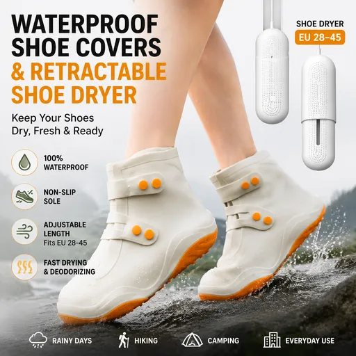 Thickened Waterproof Silicone Rain Shoe Covers and USB Powered Telescopic 3-Setting Timer Shoe Dryer Set for Rainy Season Commuting Camping Hiking Use, Reusable Non-Slip Overshoes with Double Buckle Closure, Khaki Orange Blocking, 2XL Size (EU 43-45)