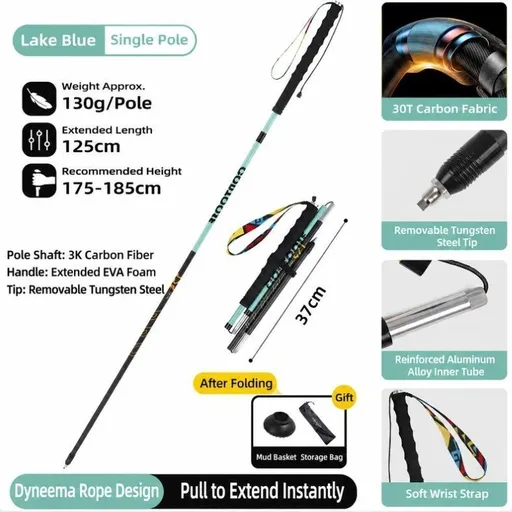 Carbon Fiber Trekking Pole, Lake Blue - 125cm, 1 Pack (Suitable for height 175-185cm)
