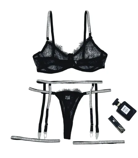 House Of Dasein Cross-Border Sexy Lingerie Lace Trim Rhinestone Transparent Thong Garter Belt Four-Piece Set - Black - L