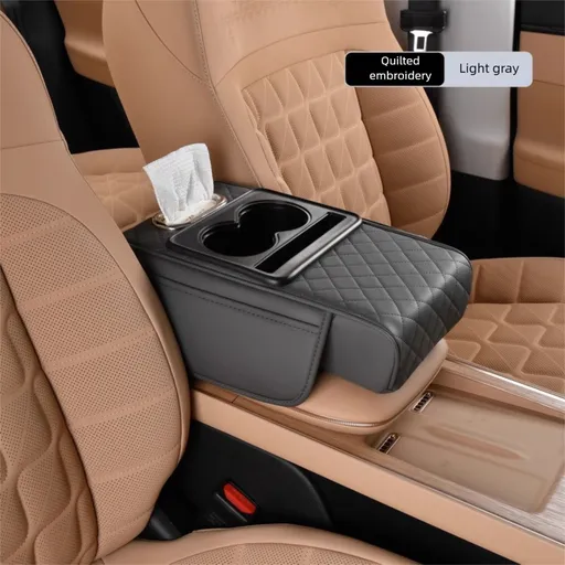 Grey Car Central Armrest Box Raiser Pad with Cup Holder, Tissue Box & Phone Storage – 4-in-1 Multi-Functional Design