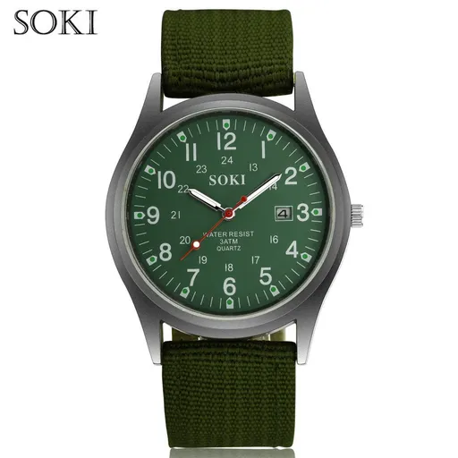 Men Canvas Watch Quartz Calendar Military Green