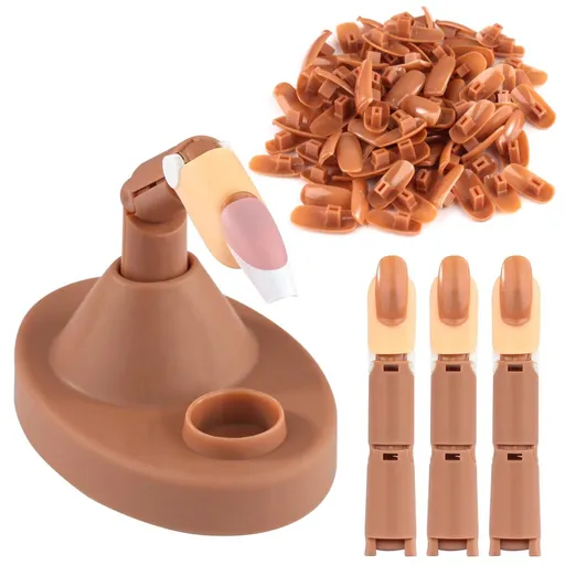Acrylic Nail Practice Finger Kit, Acrylic Nail Training with 1 Base Stand, 3 Adjustable Fake Fingers, 100 Brown Nail Tips