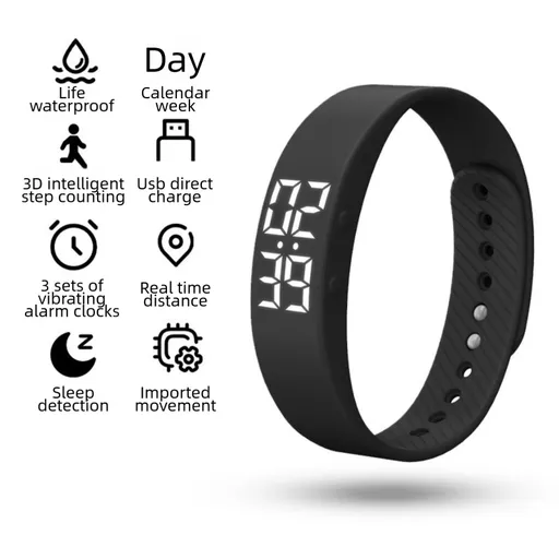 Black Silent Vibration Alarm Smart Silicone Wristband with 3-Alarm Settings - Discreet Wake-Up Device for Teens & Adults (Vertical version)