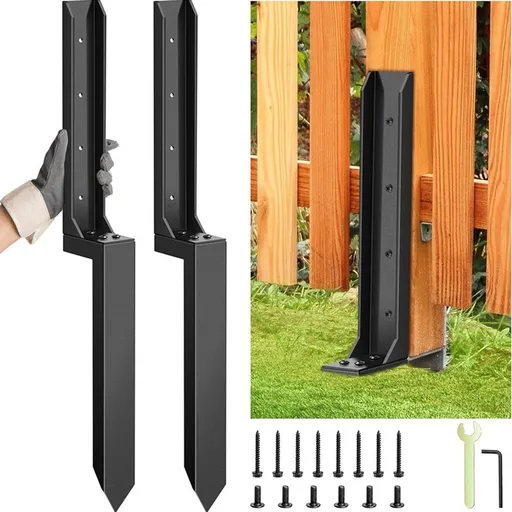 2 Piece Fence Post Repair Kit, Steel Brackets for Broken or Rotted Wooden Posts for Garden Yard Patio Fences