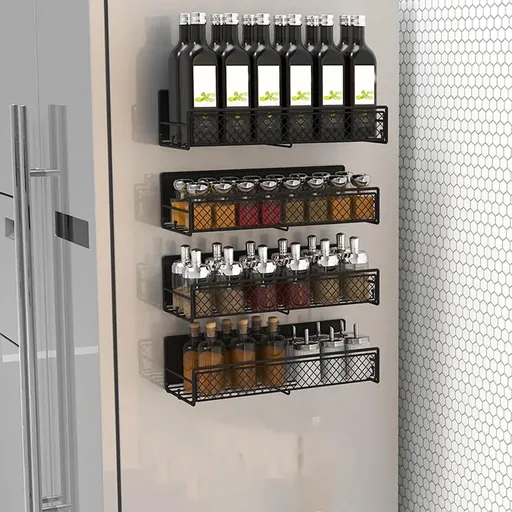 Magnetic Spice Rack Organizer Mesh Design for Refrigerator Oven, Black Storage Rack for Kitchen Spices Condiments, Easy Install Fridge Organizer Black