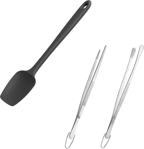 Silicone Spoon Spatula 600°F High Heat 14in Extra Large Black and 12in Kitchen Cooking Tweezer Set Stainless Steel Food-Grade Metal Tongs