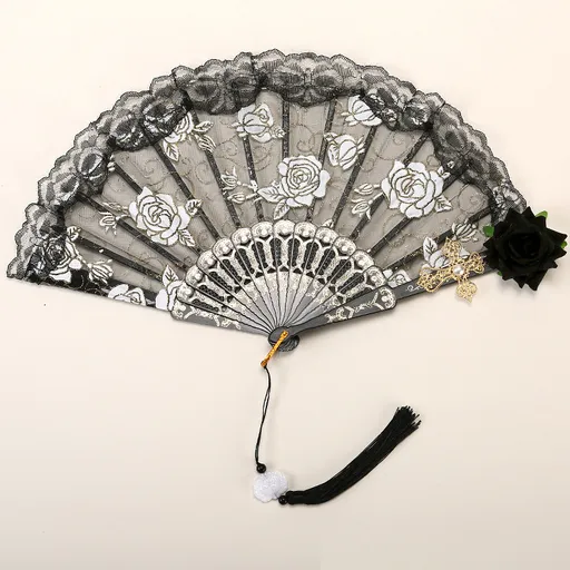2 Pack Black Lace Black Rose Cross Vintage Lace Folding Fans Gothic Palace Style with Rose Cross Tassels for Tea Party Cosplay and Photo Props