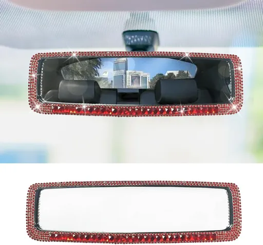 Bling Car Rear View Mirror, Clip-On Rhinestone Car Rearview Mirror with Crystal Diamonds, HD Glass Auto Interior Rear View Mirrors, Auto Decoration Accessories for Women Men Teens (Red)