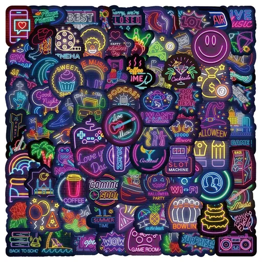 100Pcs Neon Style Stickers Decals, Cool Neon Light Stickers , Waterproof Vinyl Stickers for Laptop Water Bottle Guitar Skateboard