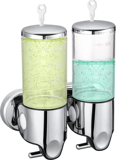 Wall-Mounted Soap Dispenser - 2 Reservoirs - 2x500ml - Stainless Steel - Shampoo Dispenser - Large Capacity - Refillable - Portable - Durable - Hanging Soap Dispenser - Soap Pump - Soap Pump - With Screws - Easy to Install - For Bathroom, Hotel, Kitc