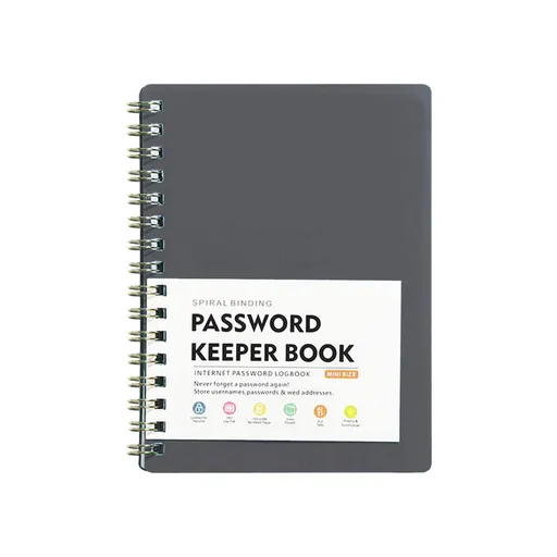 Spiral Password Keeper Book, alphabetical tabs and plastic cover for internet logins and account records, Gray, 4.25 x 5.7 inches