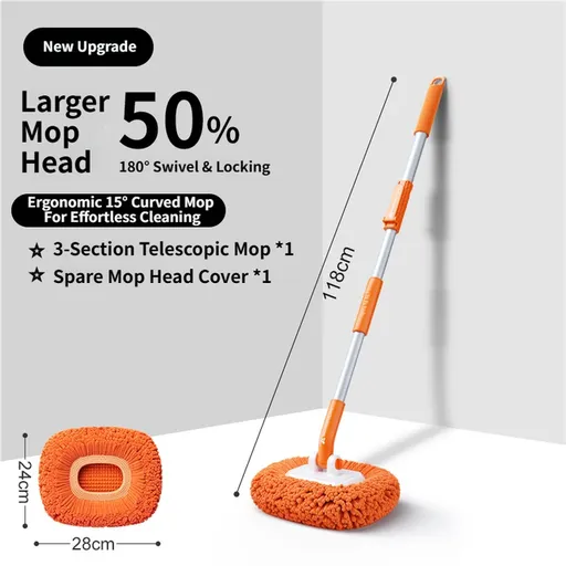 Orange 21° Curved Car Wash Mop and Snow Scraper with 180°Rotating Detachable Pole & 2 x Extra Large Microfiber Brush Cover – 3 Section Telescopic (58–118 CM) Aluminum Alloy Cleaning Brush for Vehicle and Home Care