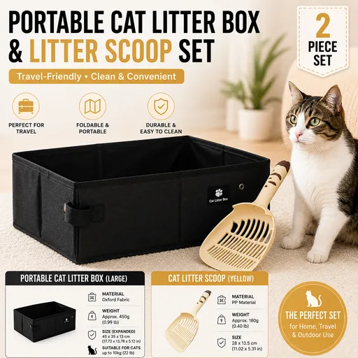 Travel Friendly Pet Toilet Kit - BlackPortable Cat Litter Box and Yellow Scoop Set - Foldable Oxford Fabric Tray with Waterproof Liner, PP Fine Mesh Scoop for Tofu and Clumping Litter,Suitable for travel and outdoor use