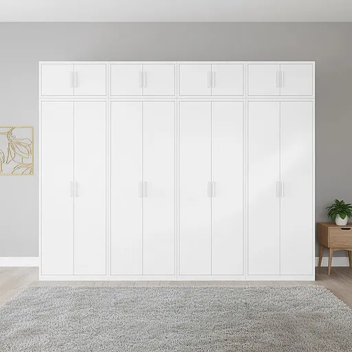 320x240cm 8-Door White Steel 2 Hanging and 2 Shelf Wardrobe with White Handle Storage Cabinet
