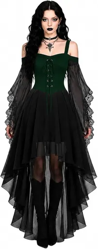 Women Witch Dress Halloween Costumes Vampire Woman Renaissance Medieval Butterfly Sleeve Mesh Gothic Dresses - Green - Size M