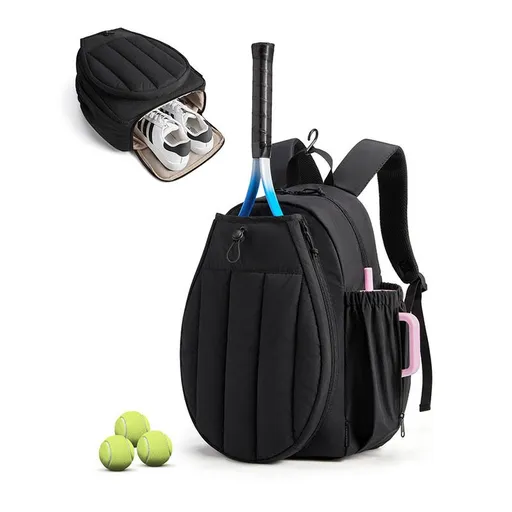 Black Tennis Backpack with Shoe Compartment - Pickleball & Badminton Racket Bag, Padded Sports Backpack with Multiple Pockets for Outdoor Training and Travel