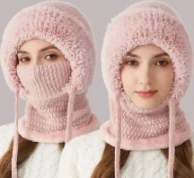 Winter Corn Velvet Hooded Scarf Mask Set - 3-in-1 Thermal Fleece Lined Balaclava for Extreme Cold - Windproof Face Cover for Skiing Cycling - Pink (2-Pack Same Color)