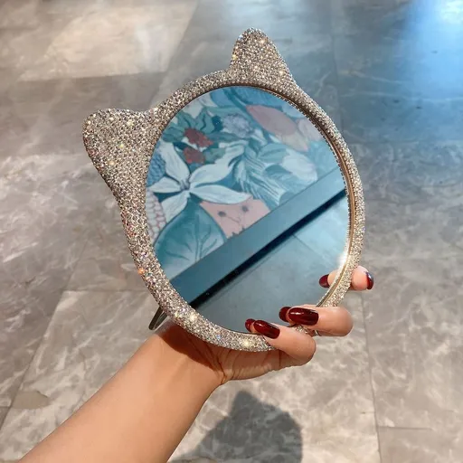 Crystal Cat Ear Vanity Mirror with Bling Rhinestone Frame, Foldable Desk Mirror for Makeup, Bedroom, Office and Dorm Room (Silver)