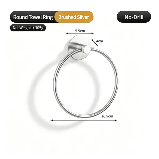 Round Towel Ring - No Drill (Polished) | Shiny Stainless Steel Towel Ring, Xmas Bright Bathroom Decor Towel Hanger