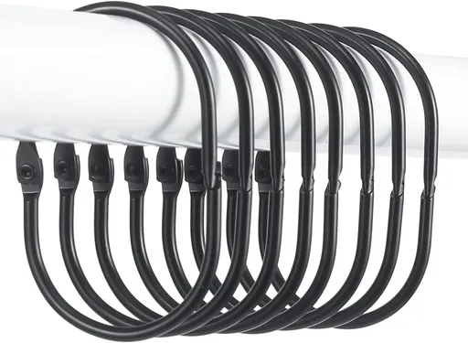 Shower Curtain Rings, 12 Pcs Shower Curtain Hooks, Oval Snap Shower Rings for Curtain, Metal Black Shower Curtain Rings Rust Proof, Glide Smoothly Shower Hooks for Shower Curtain Rod (Black)