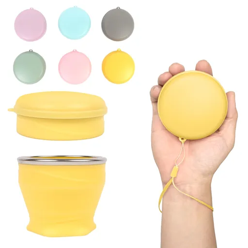 Collapsible Silicone Travel Cup with Lid and Carry Lanyard, Reusable for Hot and Cold Drinks, Camping and Daily Commuting, Yellow