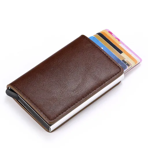 Slim Wallet for Men - Holder RFID Blocking Minimalist Business Credit Card Wallet with Money Pocket Metal Card Case (Brown)
