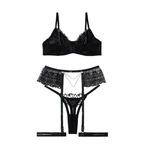 House Of Dasein Sexy Separated Lace Embroidery Sheer Mesh With Leg Ring Erotic Underwear Five Piece Set - Black - S