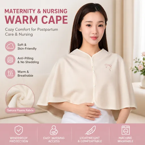 Beige Maternity Nursing Shoulder Wrap Cape – Ultra Soft Sakura Fleece Postpartum Shawl, Windproof Warm Nursing Cover for Breastfeeding, Pregnancy & Winter Comfort