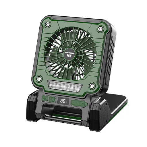 Solar & USB Rechargeable Camping Fan with LED Light - Portable Power Bank, 180° Collapsible(green)