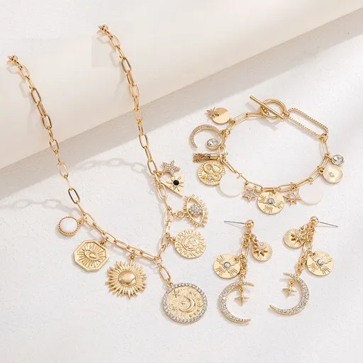 Celestial Magic Jewelry Set （Bracelet and Earrings and Necklace ）- Gold Tone Iron and Zinc Alloy - Necklace 43+8cm, Bracelet 19cm, Earrings 2x6.5cm - Sun Moon Star Evil Eye Charms, Gift Ready for Women