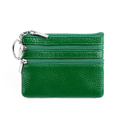 Genuine Leather Coin Purse Mini Wallet with Triple Zipper Pockets Key Ring Holder Pouch for Cash & Cards - Bright Green