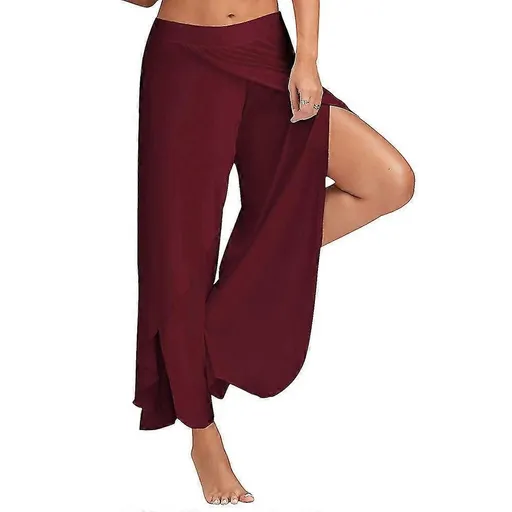 Women's Harem Palazzo Pants Wide Leg Split Flowy Loose Fit Casual Yoga Trousers Plus Wine Red - XL