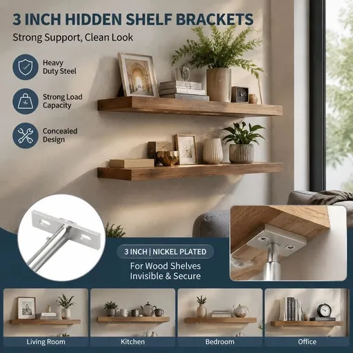 3" Nickel Hidden T Shelf Bracket 2Pcs w/ 5x60&5x80 Screws