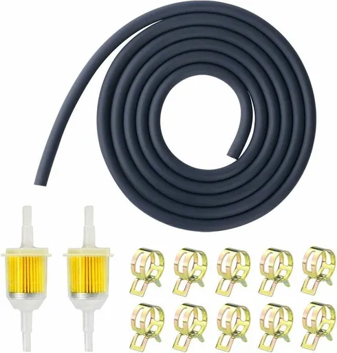 2x Gasoline Filter 10 cm - Inline Fuel Filter with 5 mm and 8 mm - Universal - Filter - Transparent - With 2 Meter Fuel Hose and 10 Hose Clamps - Fuel Hose - Scooter - Motorcycle - Car - 13-Piece Set