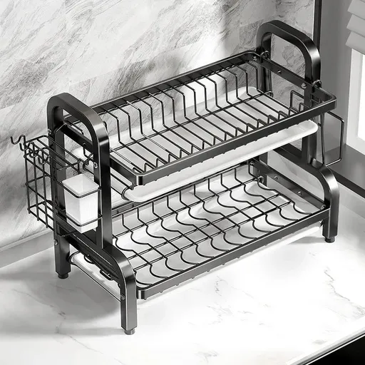 Compact 2-Tier Dish Drying Rack with Drainboard
