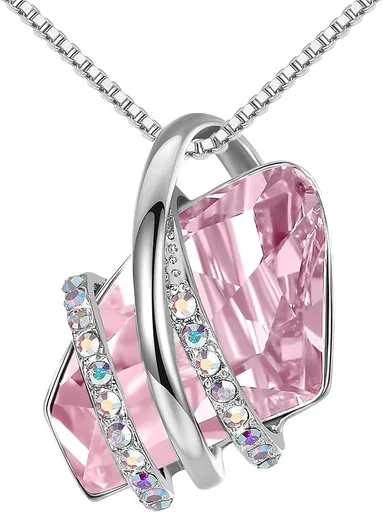 Wish Stone Pendant Necklace, Necklaces for Women with Birthstone Crystals, Allergy-Free Jewelry for Women with Gift Box, 24K Rose Gold Plated or Silver-tone Birthstone Necklace for Women-10-October Birthstone-Light Rosaline Pink