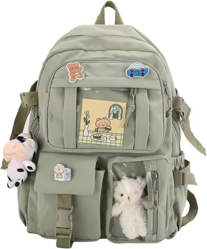 1 Children's Cute Backpack with Pins and Plush Pendant, Green, Waterproof School Backpack for Girls