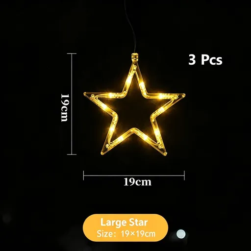Warm White Five Point Star LED Suction Cup Lights 3 Pack, Battery Powered Christmas Window Curtain Fairy Lights